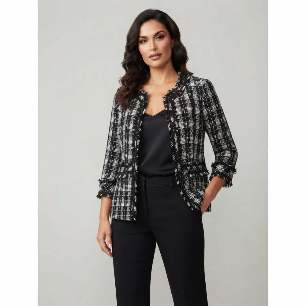 Lafayette 148 New York Black & White Tweed Fringe Trim Snap Front Blazer 12